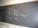 Photo of a blackboard sketch of the sighting lines through a frame to the lute.