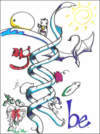Creative drawing of whimsical creatures and a DNA double helix.