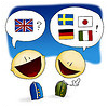 Cartoon of two people speaking to each other, one asking question (English, monolingual), and one replying (multi-lingual, showing several country flags).