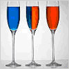 Photo of three glasses of liquid, one blue, one orange, and one vertically split between the two colors.