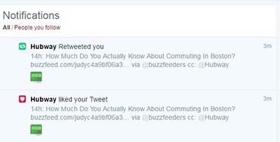 Twitter notification that Hubway liked and retweeted the original tweet.