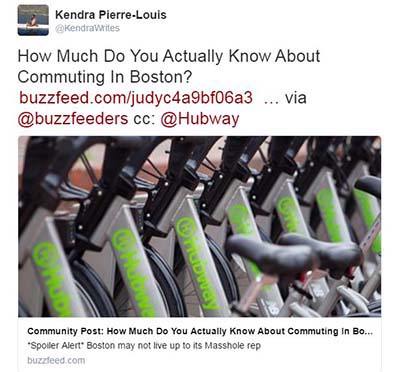 Tweet about the quiz by a team member, tagging Buzzfeed and Hubway.
