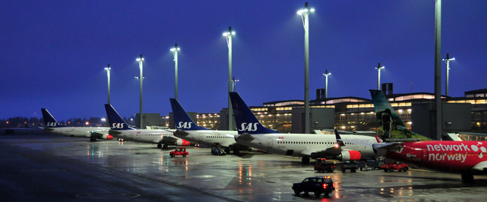Planes near the runway at Gardermoen airport near Oslo, Norway