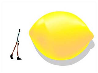 Image of a man looking at (perceiving) a large lemon.