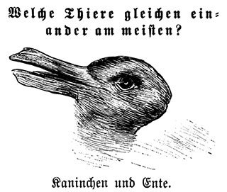 A black and white illustration of an animal that can be seen as a duck or rabbit. The two German captions translate to: Which animals are most like each other? Rabbit and duck.