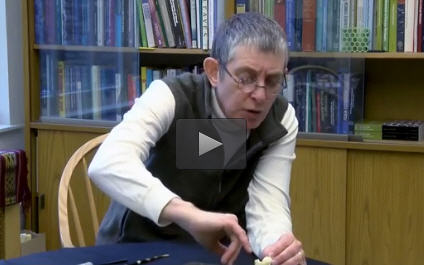 An image of instructor Lorna Gibson taken from an interview in which she is seated at a table in her office explaining a concept from the course.