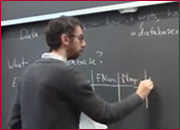 A men standing in front of a blackboard and writing on the blackboard.