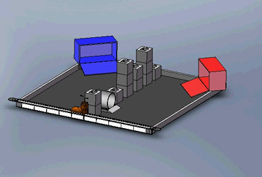 A CAD model of the competition table, showing the starting boxes, skyscrapers, tunnel between areas, and plant.