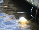 A sphere-bodied robot with a propeller hovers near the river surface.