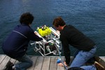 Students lower the ROV to the water.