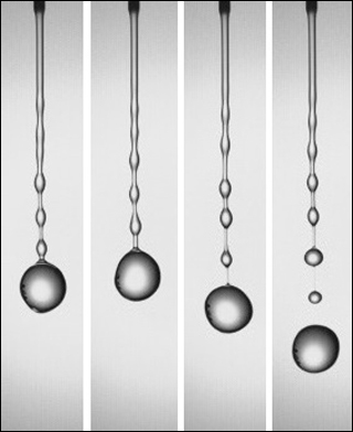 Photo series showing large drop formed from thin liquid stream.