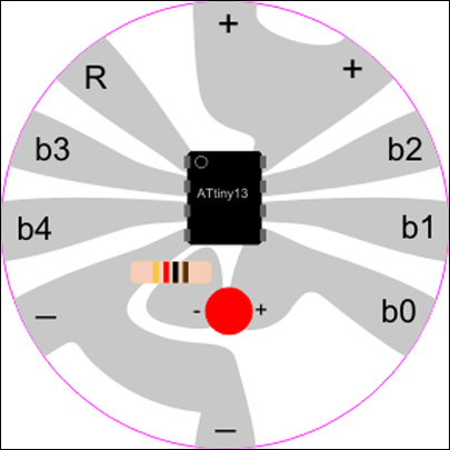 Drawing of a circular piece of fabric with an ATiny13 microcontroller IC in the center, each of the 8 leads connected to labeled conductive regions on the fabric, and a couple of regions including a switch and a resistor.