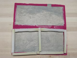 Left photo of two rectangular pieces of fabric with a foam frame around the edge; right photo of the fabric pieces put together.