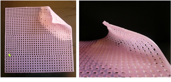 Two images of a square piece of flexible silcone containing a pattern of small square holes.