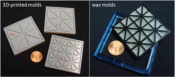 Two photos: three 3D-printed molds with varying patterns, and a wax mold.