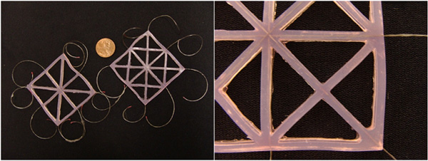 Two photos of the silicone grid with several thin wires coming out of the edges. 