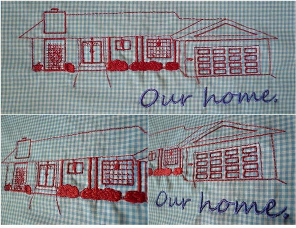 Three photos showing an embroidered house on a piece of fabric.