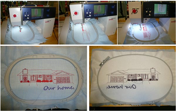 Photo collage, three photos of the embroidery machine in operation, and two photo of the resulting fabric in front and rear views.