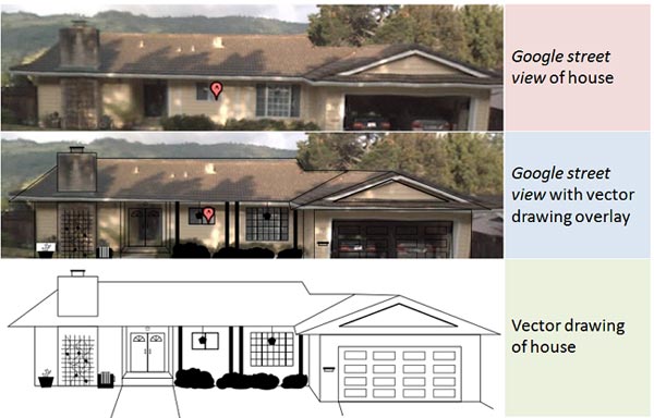 Sequence of three images: street view photo of the house, same photo with vector drawing overlay, and just the vector drawing of the house.