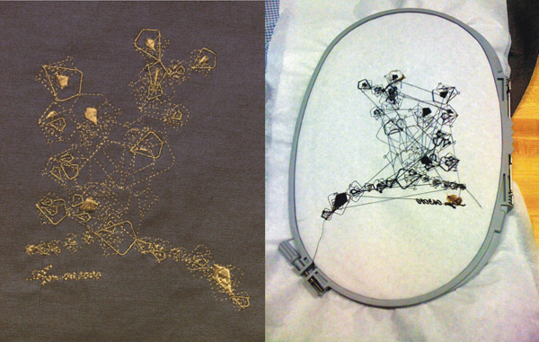 Two photos of fabric embroidered with the blossoms design.