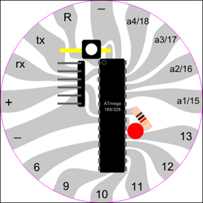 Drawing of a circular piece of fabric with an ATMega168 microcontroller IC in the center. Many leads connect to labeled conductive regions on the fabric, and several regions include other electronic components.