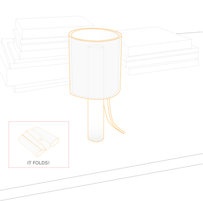 Line drawing showing the fabric lamp on table, with inset showing it folded flat.