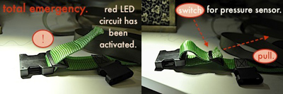 Two photos illustrating the behavior of belt-tightening switch: pulling the end of the belt activates the red LED.