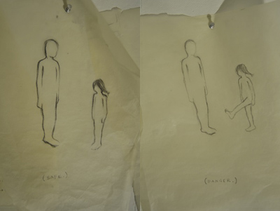 Pencil drawing of two people standing next to each other (safe) and one of the people about to kick the other one (danger).