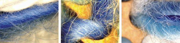 Three close up photos of the yarn, showing twist pattern.