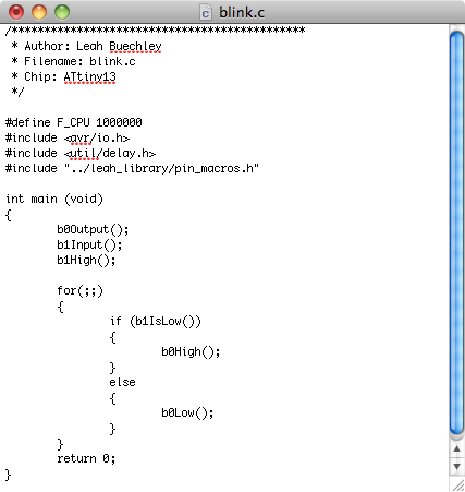 Text editor screenshot, showing edited blink.c code.