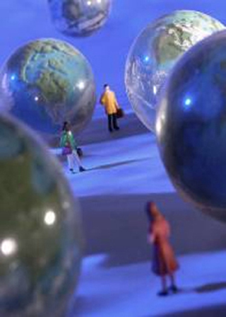 A photograph of toy people surrounded byglobes.