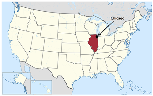 Map of the United States with Illinois in red and pointing to the location of Chicago.