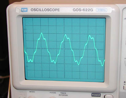 Complex sinusoidal waves on an oscilloscope.