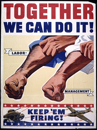 Close-up of two strong forearms with hands clenched into fists representing labor and management.